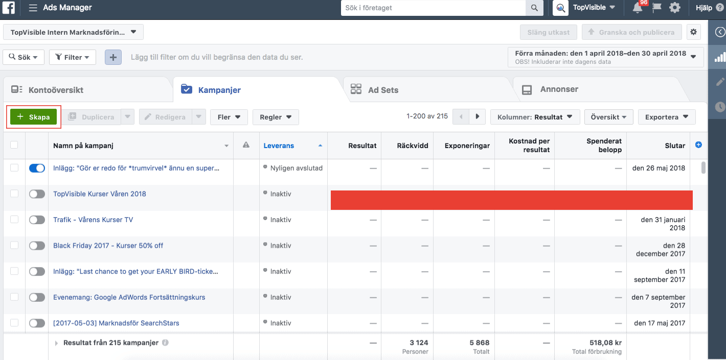 Skapa ny kampanj Facebook Ads Manager