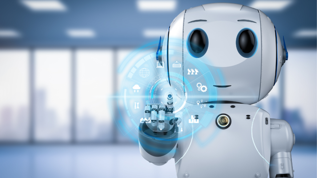 Gullig robot som ritar algoritm på glasskiva