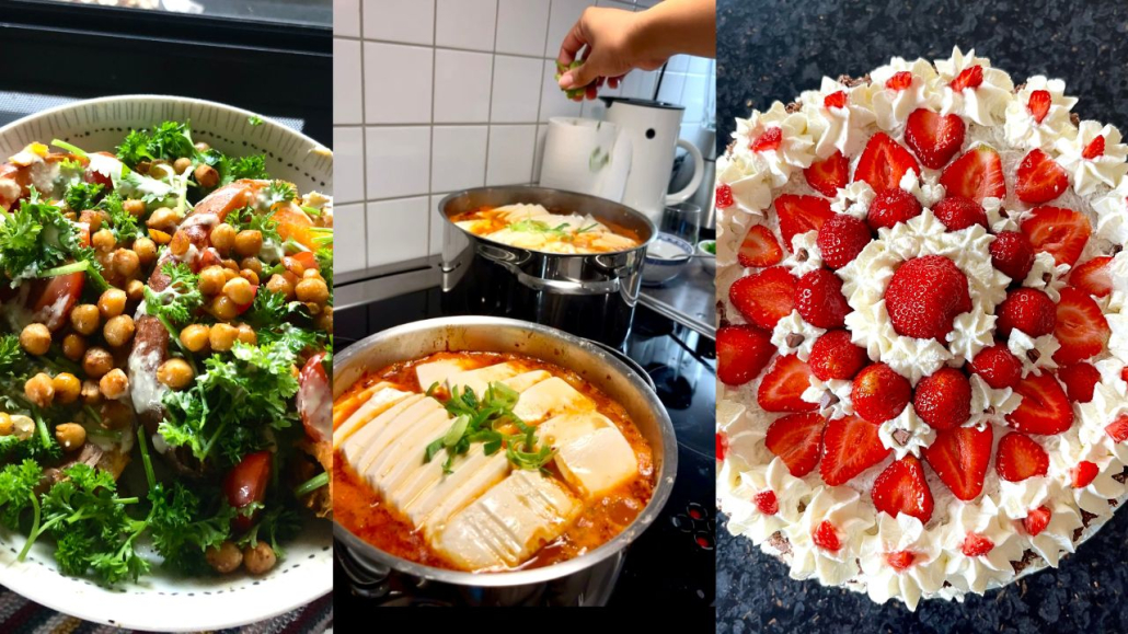 Vänster till höger har vi vegansk sötpotatis med rostade kikärter, kimchi gryta med karé och tofu, samt en jordgubbstårta.