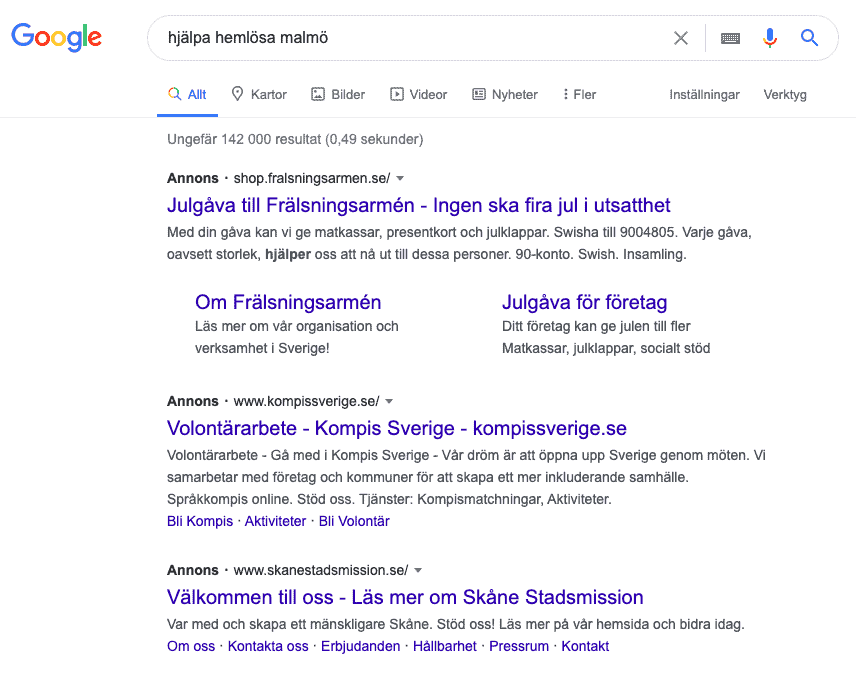 Google Ad Grants sökresultat