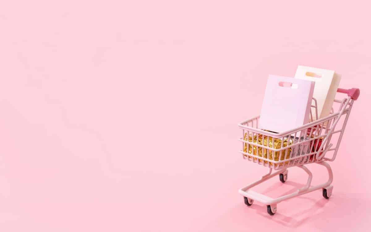 Bild på en kundvagn med shoppingpåsar.