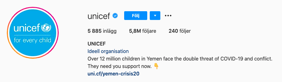 Öka antal följare på Instagram exempel profil