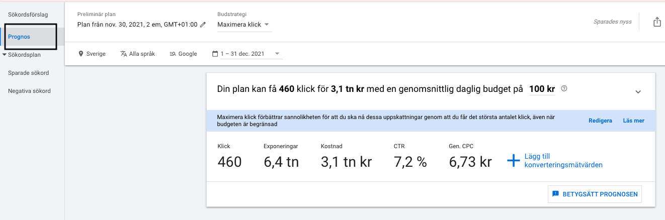 Prognos i sökordsplaneraren