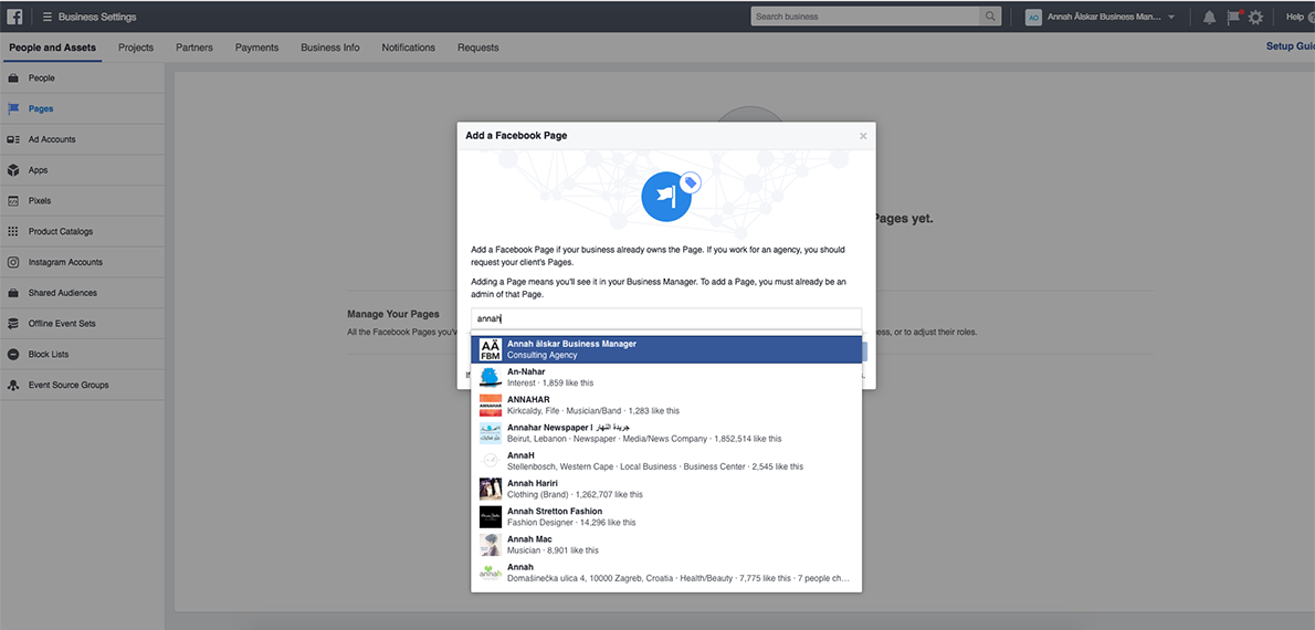 Add Page from list in Facebook Business Manager