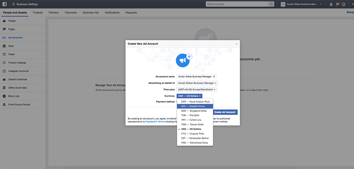 Set up new ad account Facebook business manager