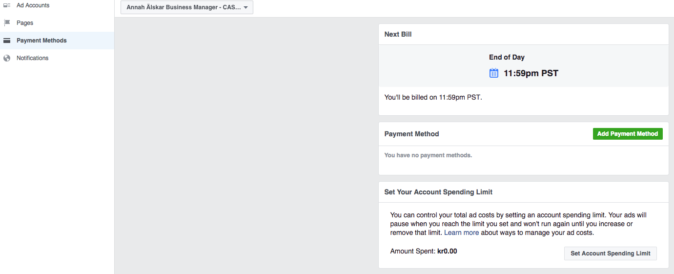 Payment method Facebook Business manager