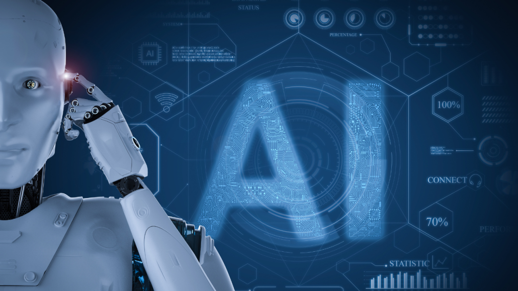 Animerad robot i halfigur mot blÄ bakgrund och ordet AI.