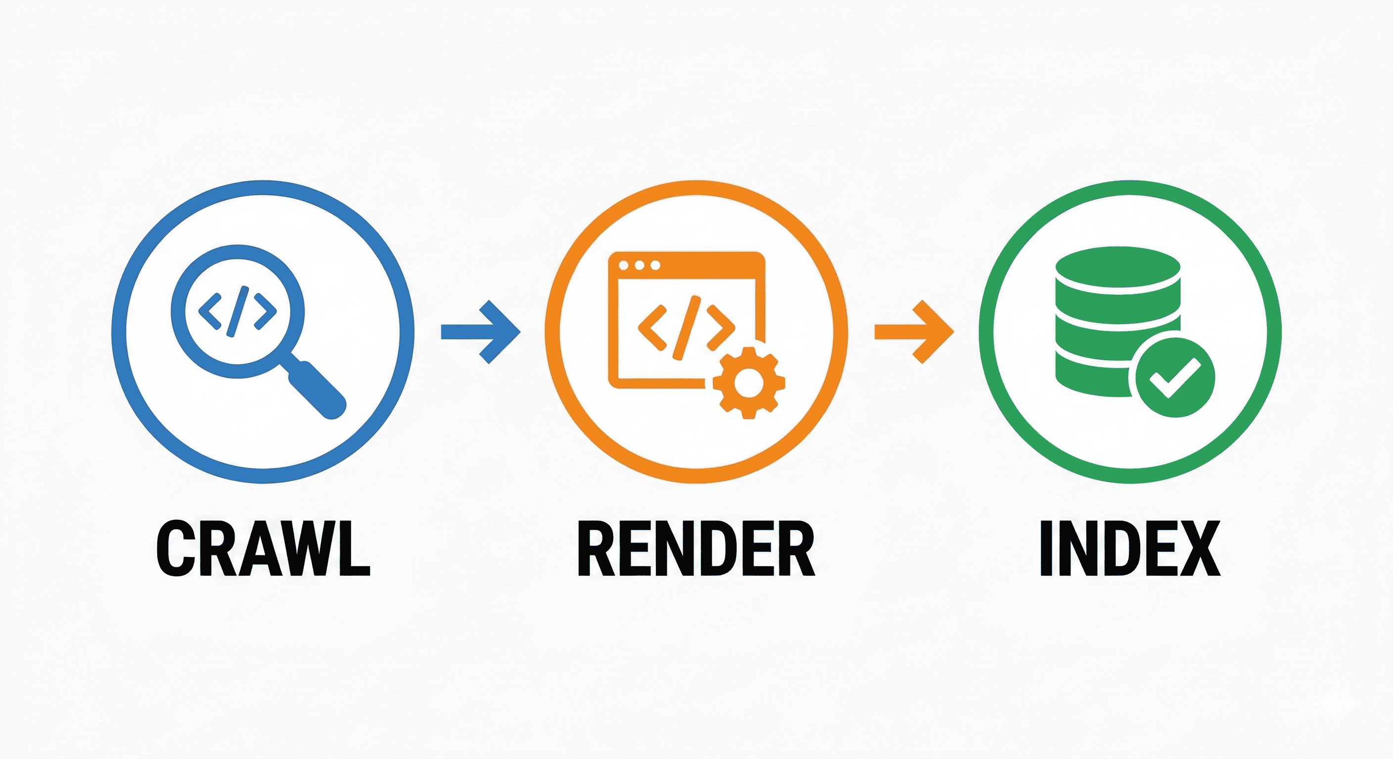 Infografik som visar de tre linjära stegen i sökmotorernas bearbetning: gecrawling, rendering och indexering.